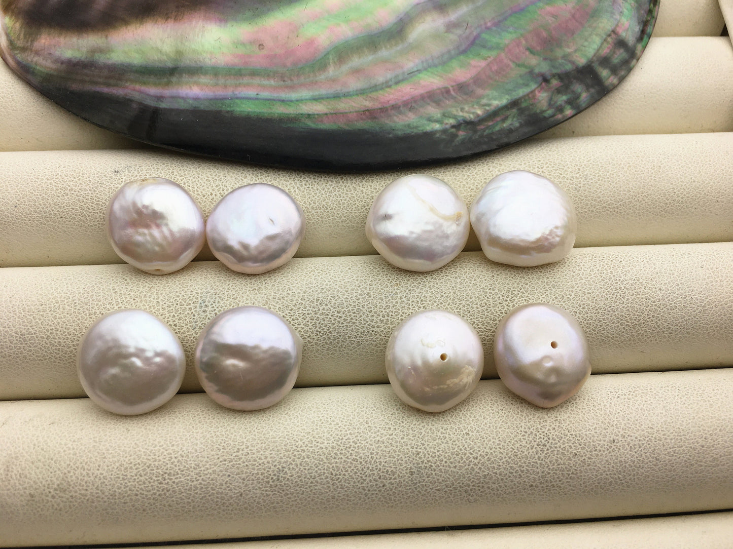 2 pairs AA 13-14.5mm White Coin Freshwater Pearl White loose Beads Pair,wholesale,ZS-103-37-29