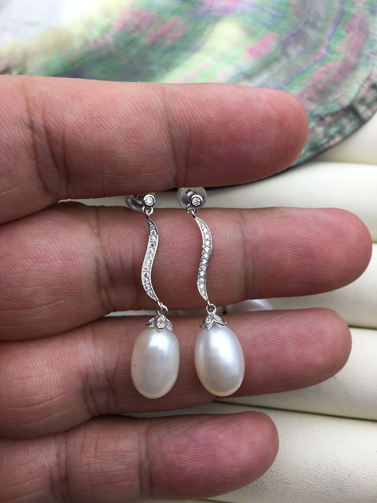 AAA 9mm White rice pearl cz stud earrings,zircon S925 Sterling Sliver pearl earrings,pearl for women for girl,SE3-106