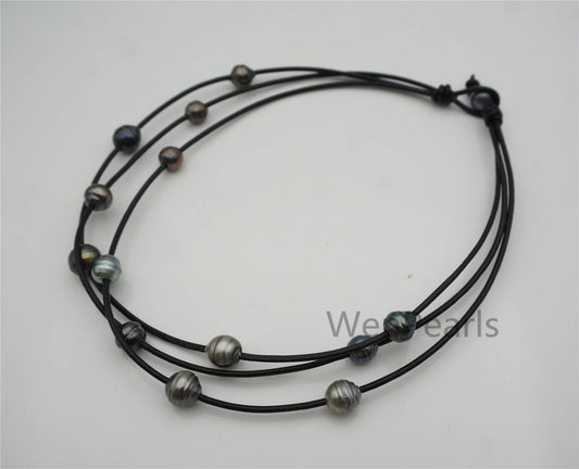 Tahitian Pearl and Leather Necklace ,Floating pearl and leather Necklace, Multi-Strand Pearls necklace ,Pearl and Leather necklace,Le11-024