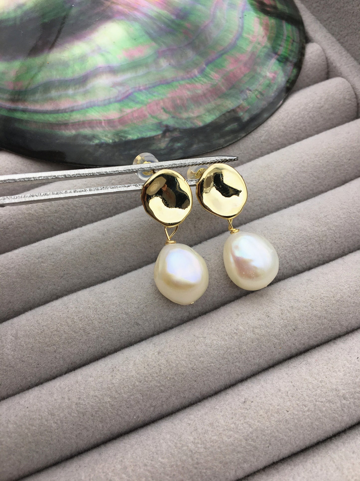 AAA 11mm White nugget pearl stud earrings,gold coin pearl earrings,SE3-131-17