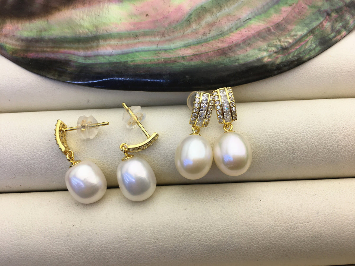 AAA 9mm White rice pearl cz stud earrings,S925 Sterling Sliver pearl earrings,pearl for women for girl,SE3-018