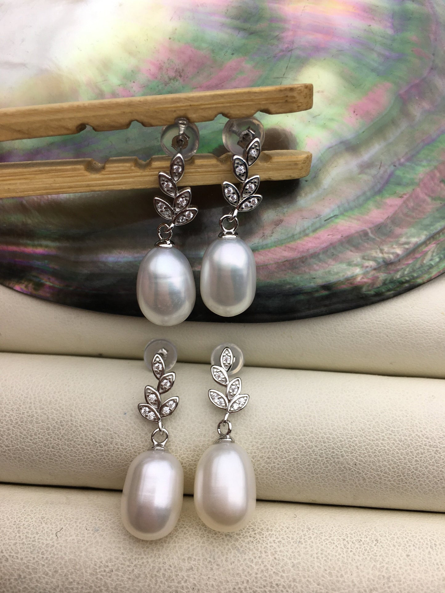 AAA 9mm White rice pearl Leaf cz stud earrings,S925 Sterling Sliver pearl earrings,pearl for women for girl,SE3-103