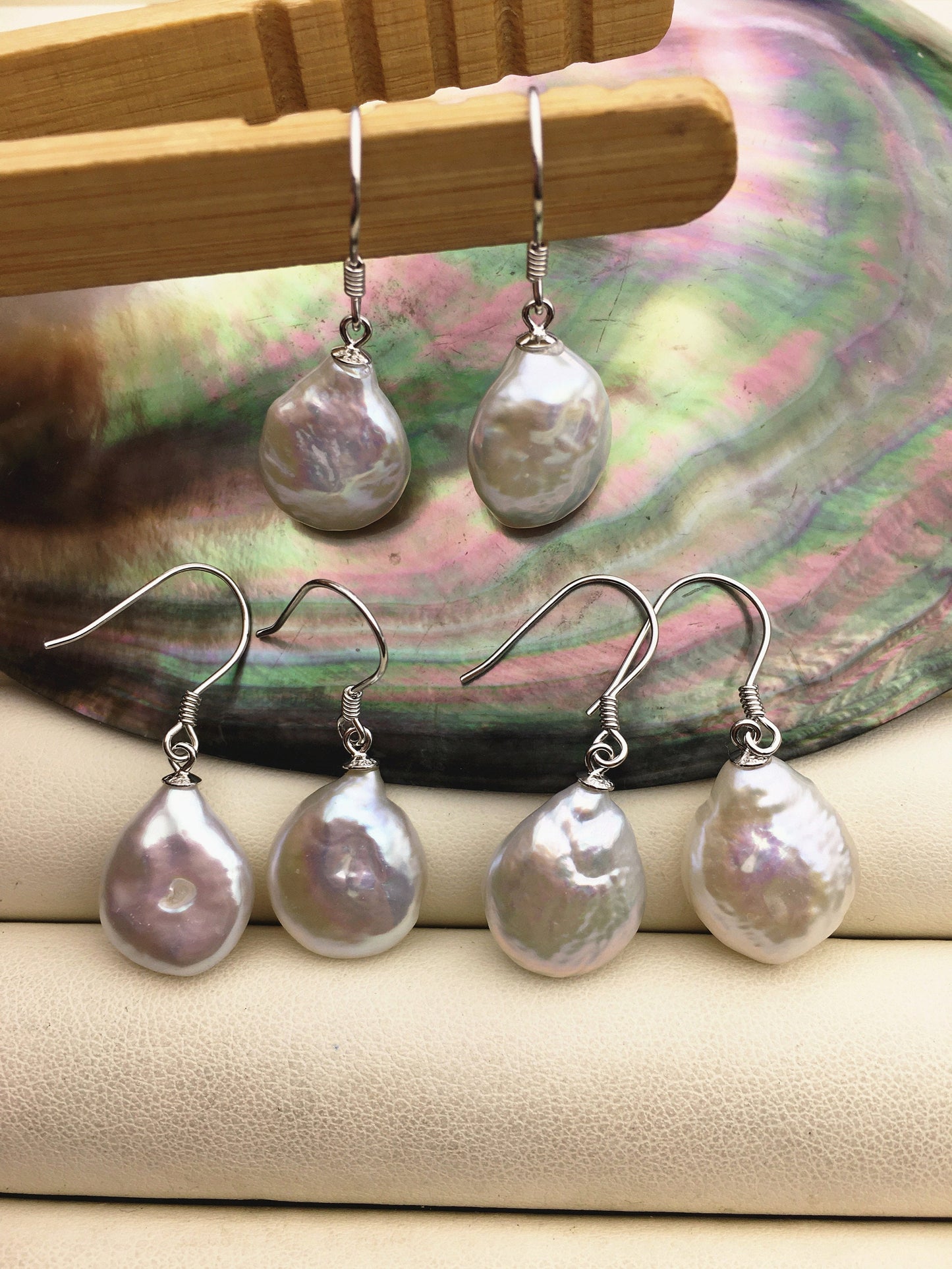 2 pairs 12-14mm White Coin Pearl Dangle Earrings- S925 silver pearl dangle earrings,SE3-T11