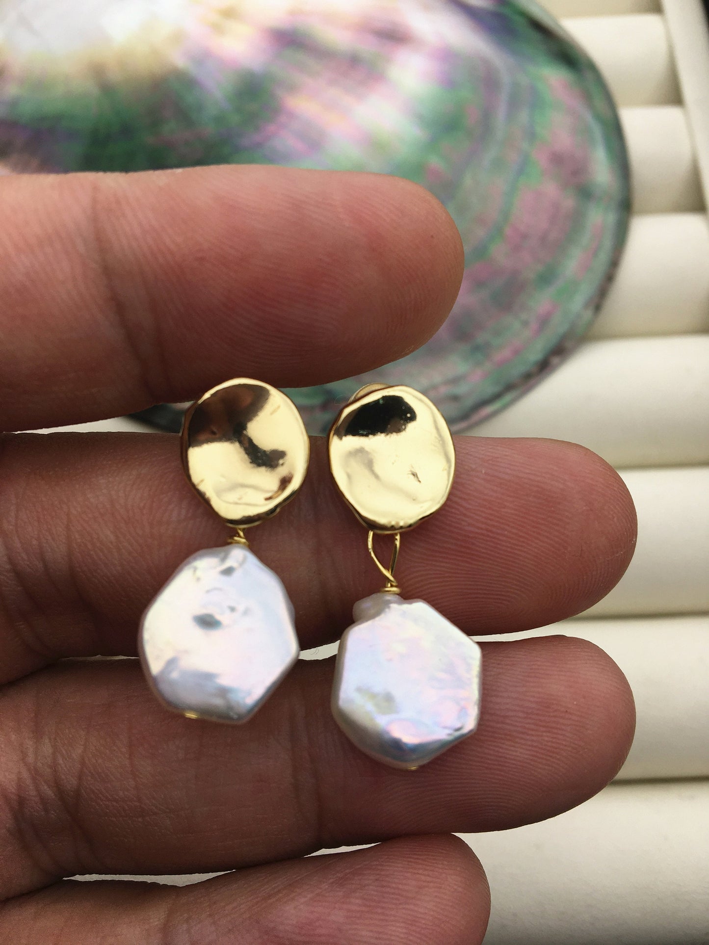 Gold coin natural white hexagon pearl stud earrings,wedding pearl earrings,SE3-131-61