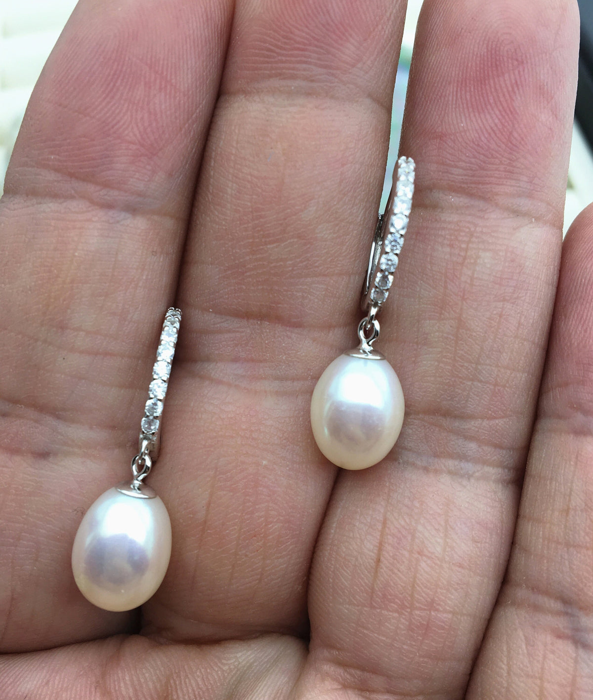 AAA white oval pearl earring wedding,Sterling Silver rice pearl dangle earrings,bridal earrings pearl,SE3-070