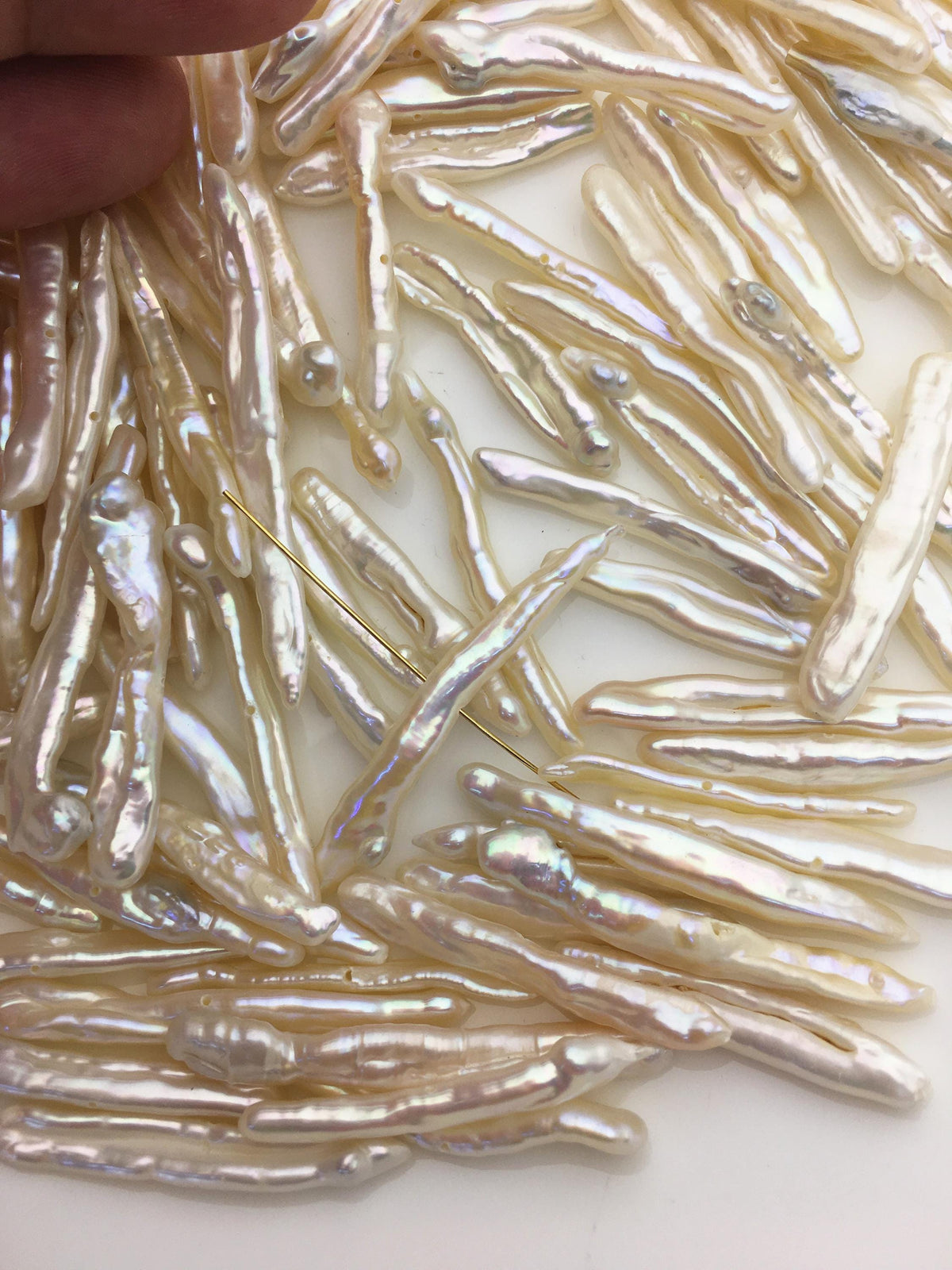 20pcs AAA/AA+ 4-6mm white Toothpick Freshwater Pearls, middle drill hole,ZS-80-T8