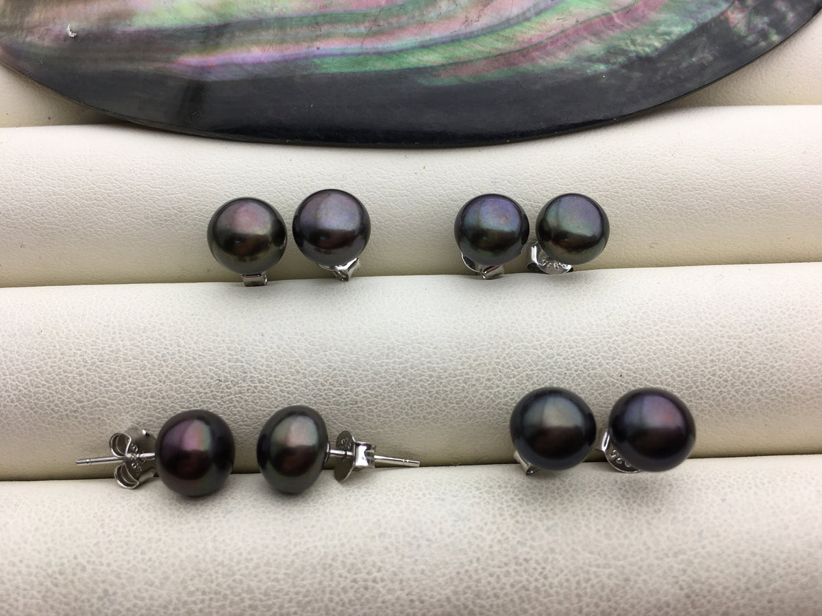 1 pair AAA 7-8mm Black Green Pearl stud Earrings,SE1-T38