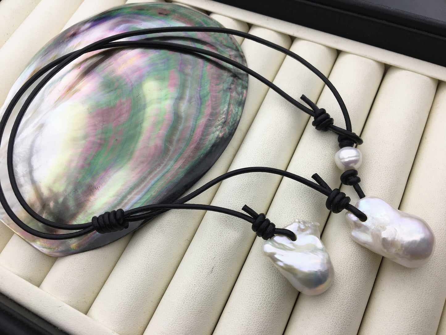 Two Big White Flame ball pearl and leather necklace,Baroque Freshwater Pearl Drop Necklace,Flaming ball pearl necklace,Le5-047
