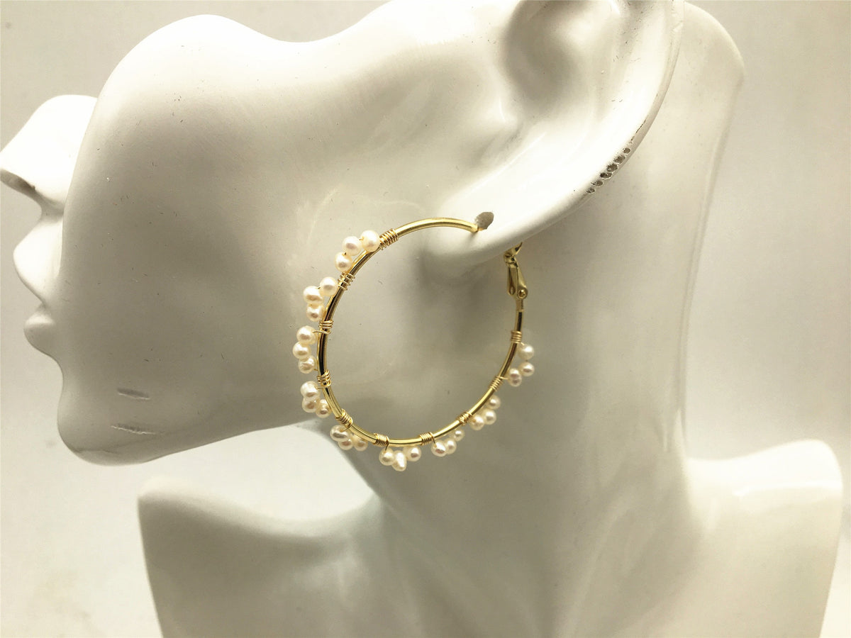 Big Hoop white tiny pearl Hook earrings,earring with tiny white Natural Pearl,SE3-120-1