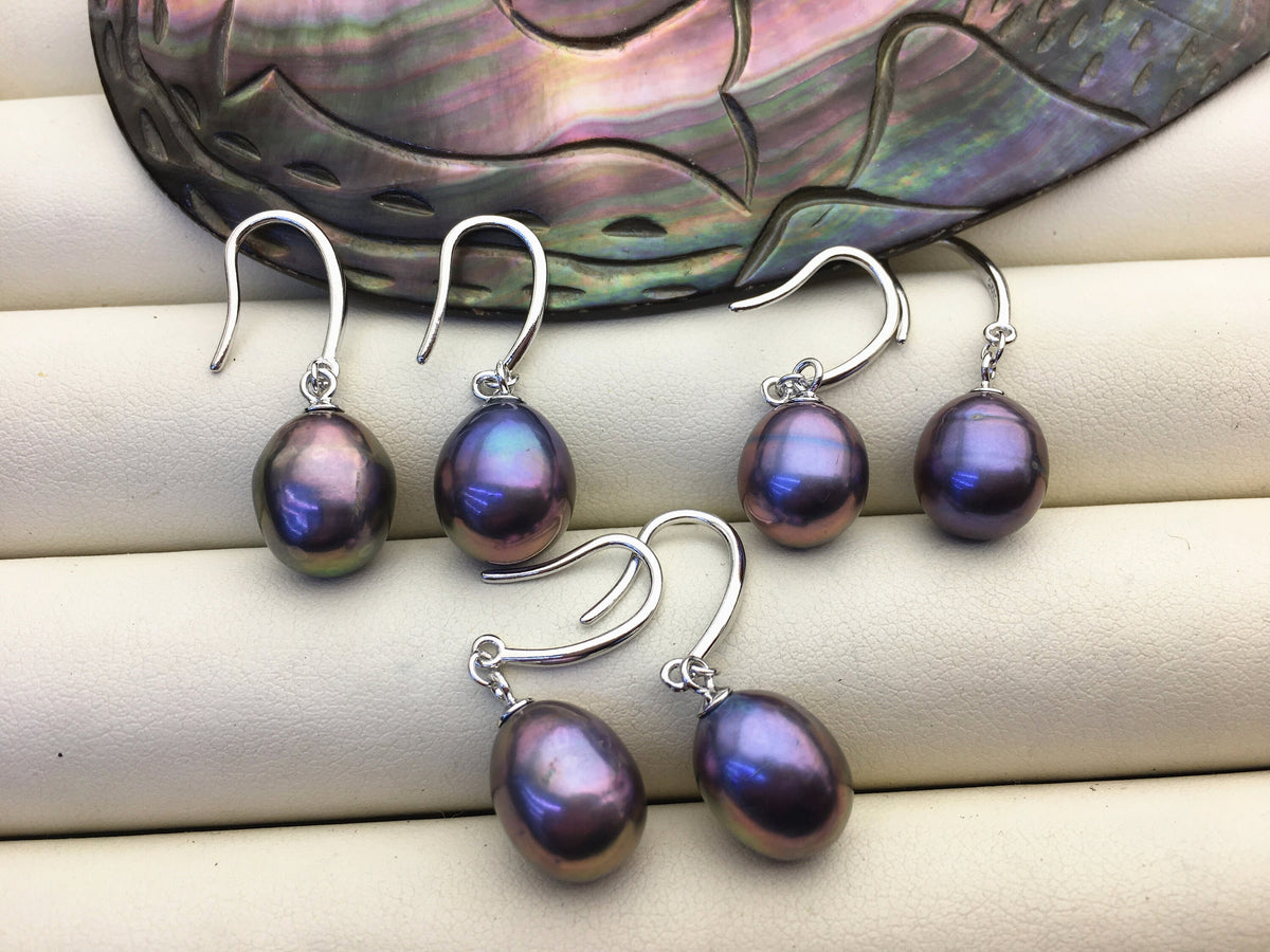1 pair AA+ 9.5-10mm purple rainbow rice pearl dangle earrings,SE3-T12