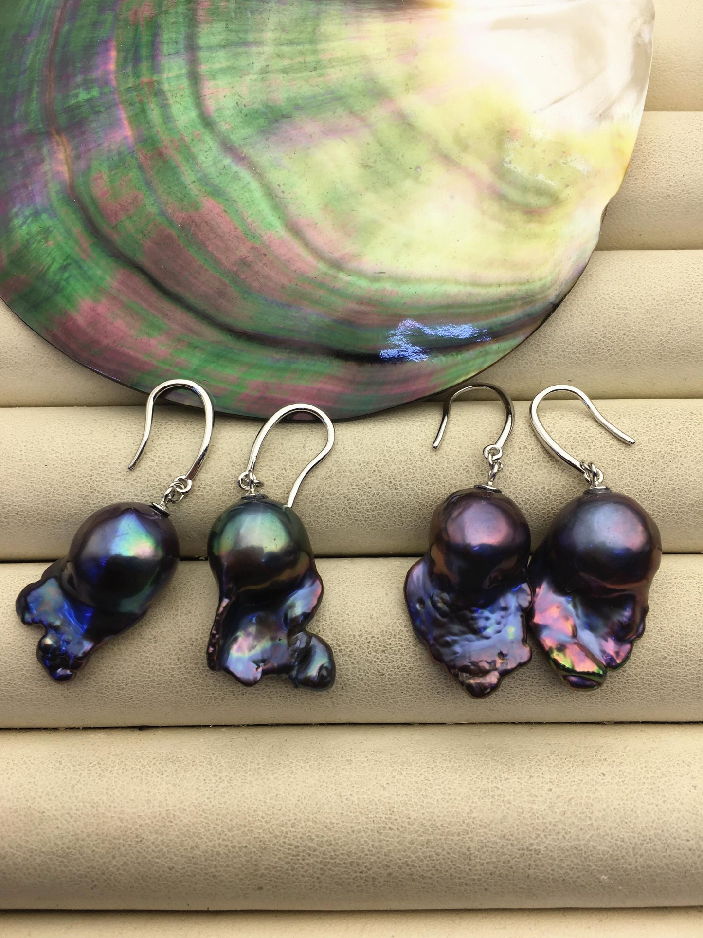1 pair AAA 12-17mm black rainbow flame ball pearl dangle earrings,SE3-031-28