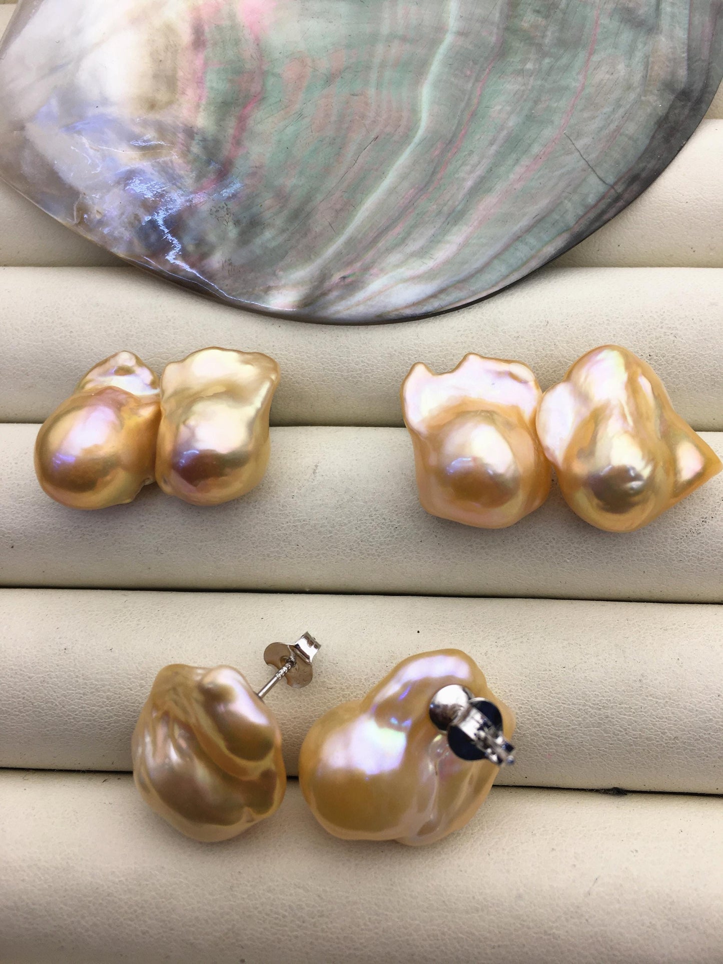 1 pair AAA 13-17mm peach orange flame ball pearl stud earrings,sterling silver,earring with gray baroque Natural Pearl,SE3-031-14