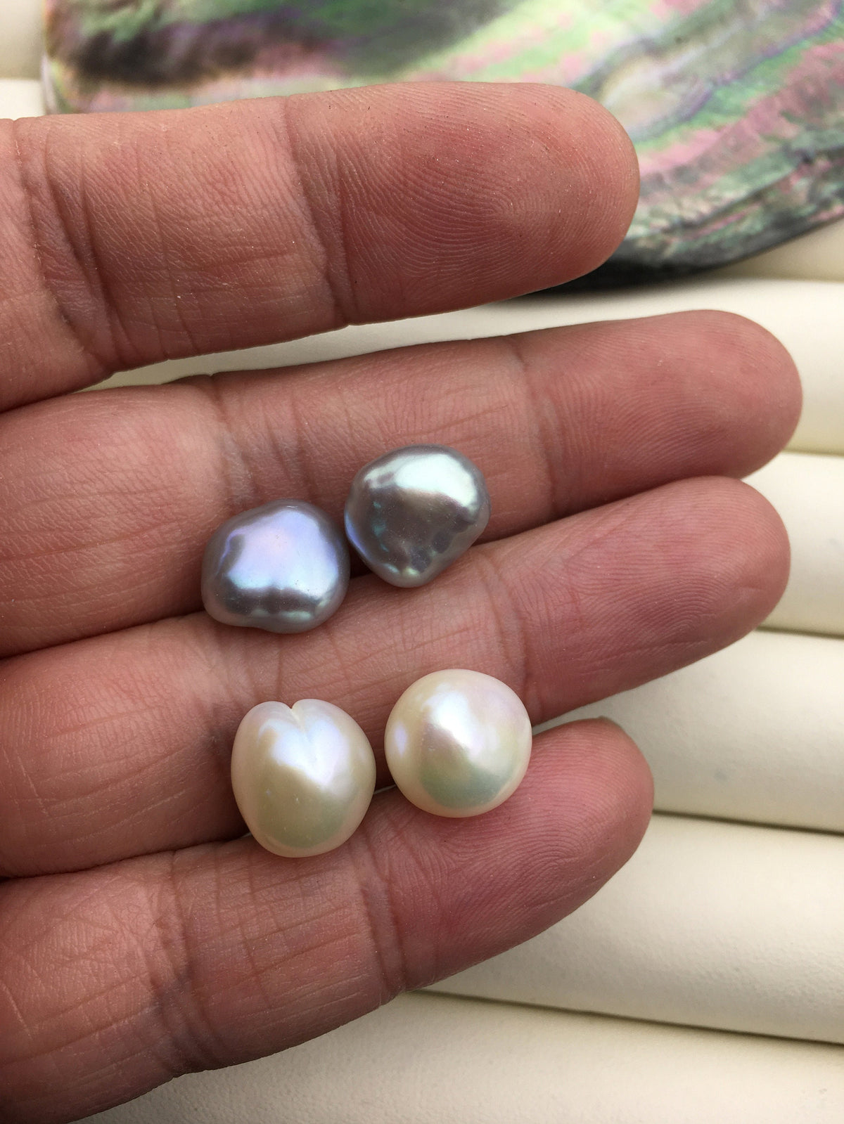 2 pairs AAA 11mm White/Gray Big nugget baroque loose pearl pairs for make stud earrings - 0.9mm bottom half hole - ZS-103-37-20