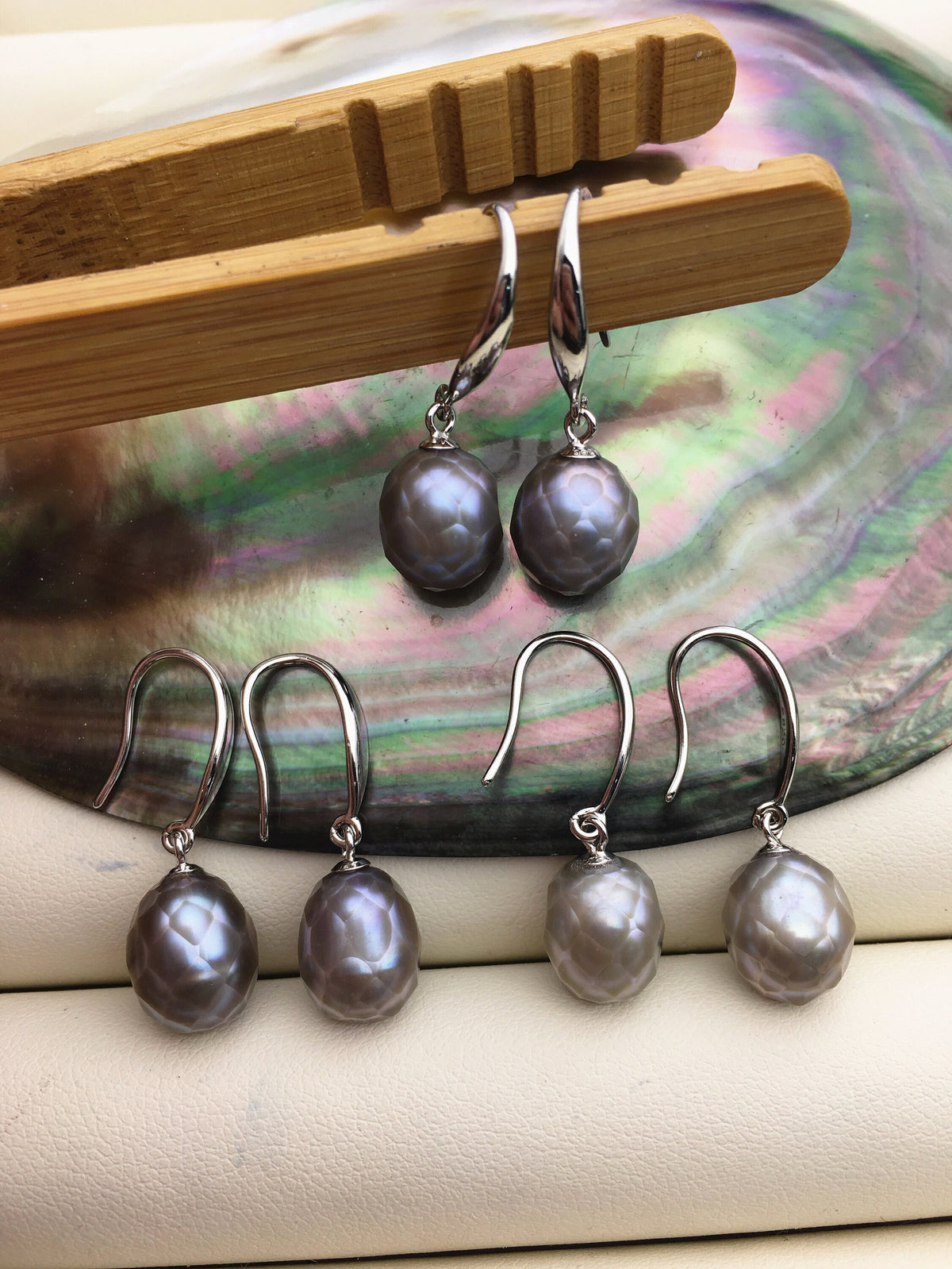 AAA 9-10mm gray handmade carved rice pearl dangle earrings,Sterling Silver,dangle pearl earrings,wedding earring,bridal,birthday,SE3-042