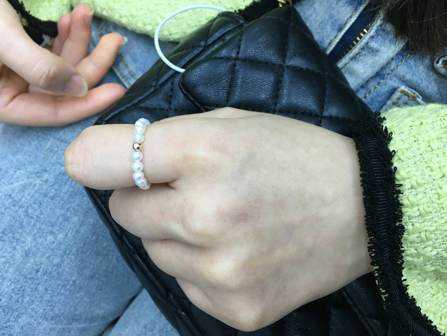 2pcs Fashion AAA 3mm tiny white oval pearl 14k goldfilled gold ball elastic ring,R1-001