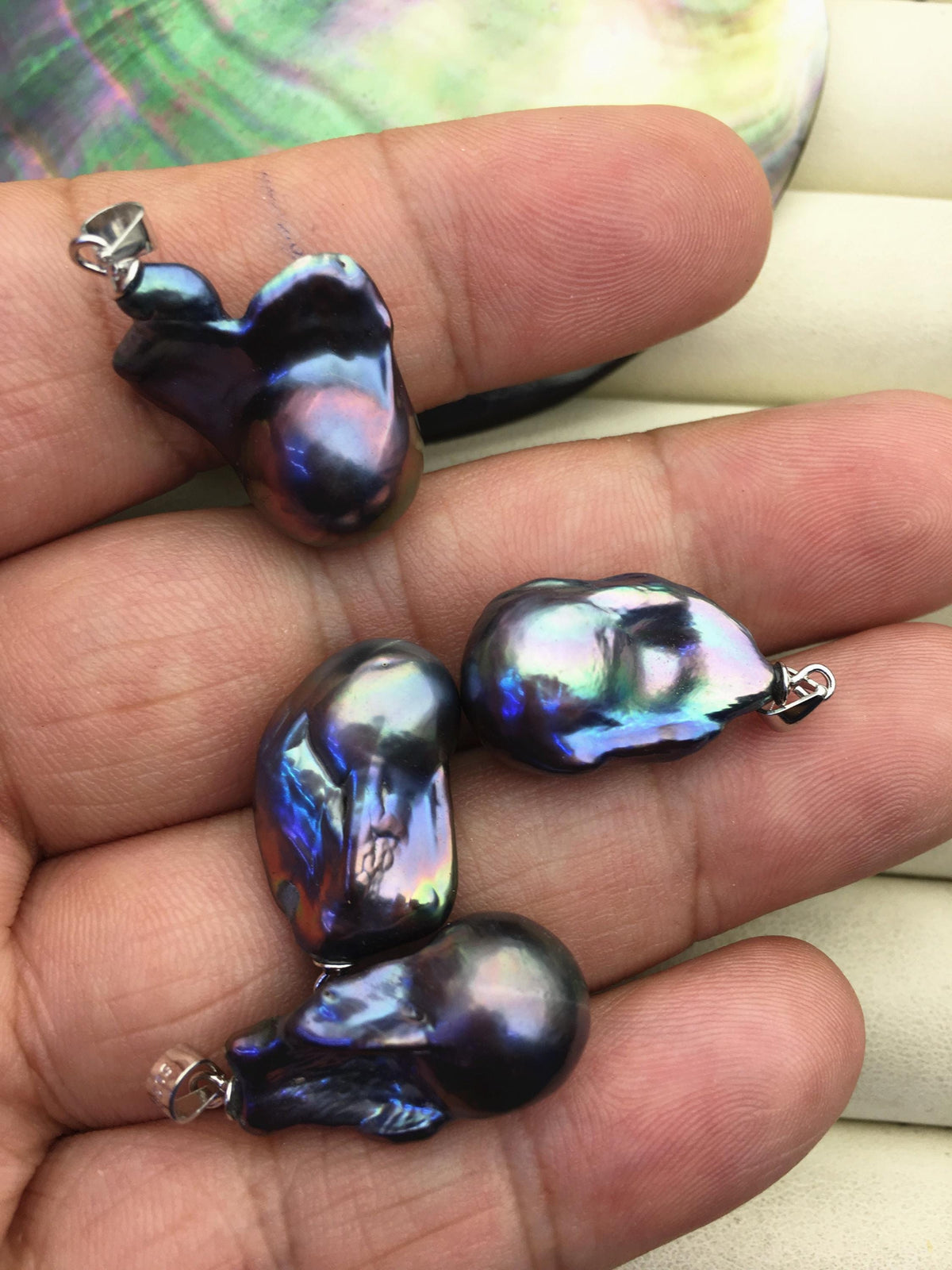 2pcs AAA12-15mm black rainbow baroque pearl pendant necklace,S925 Sterling silver pendant,NC1-008-3