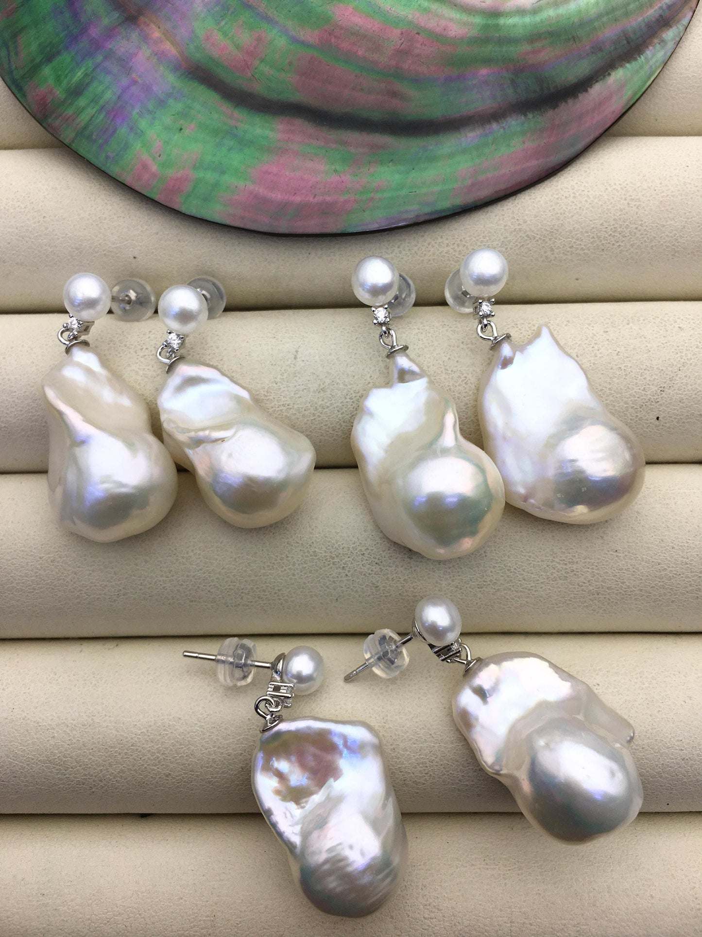 1 pair AAA 13-16mm flame ball pearl diamond stud earrings,sterling silver,earring with white baroque Natural Pearl,SE3-031-26
