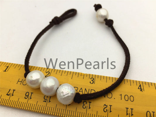 Three Round pearl Leather Pearls Bracelet - 10mm near round pearl - Genuine freshwater pearl - Le7-084