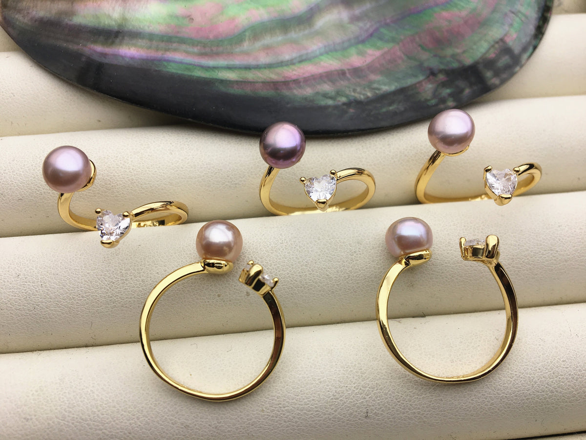6pcs Gold Open AAA purple pearl ring,inexpensive engagement rings,fashion rings,fake diamond rings real pearls,inexpensive ring,R1-088-2