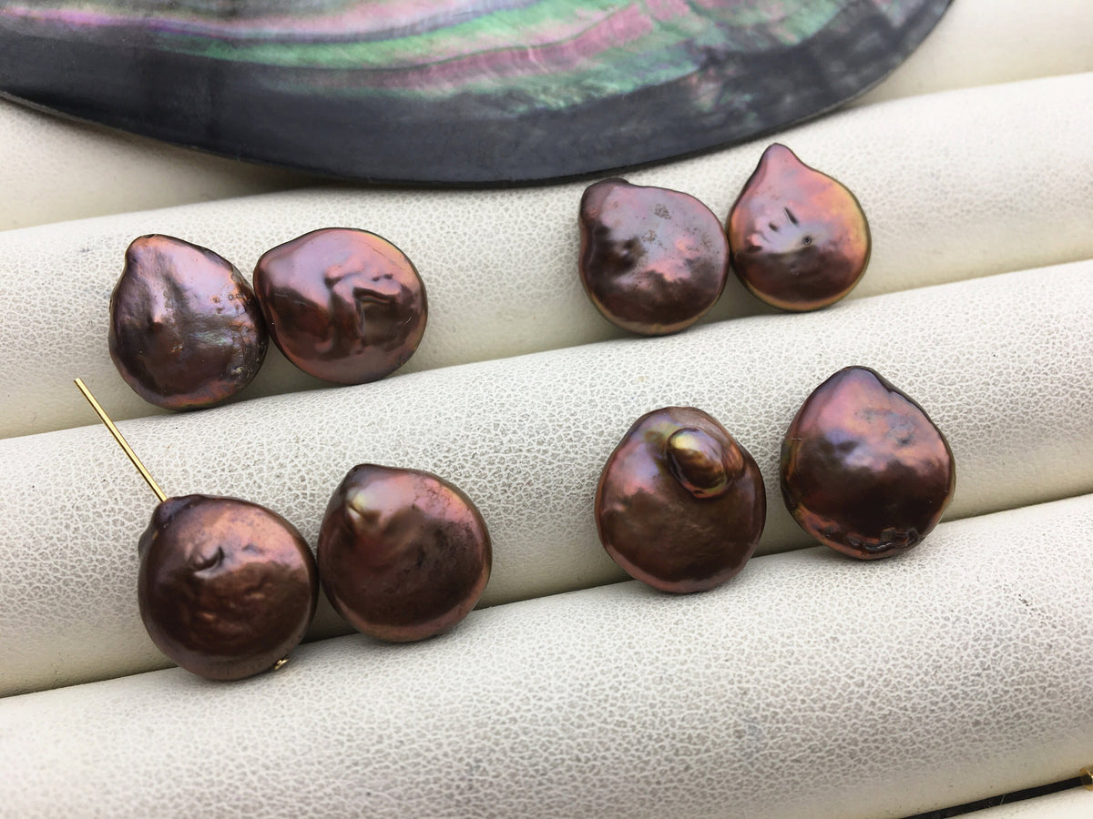 2 pairs AA+ 12-13mm Brown Coin Freshwater Pearl Brown loose Beads Piar,ZS-103-37-49