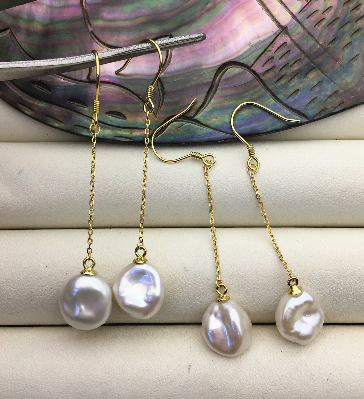 AAA 10-11mm White Keshi pearl Tassels dangle earrings, 925 Sterling Sliver Gold Plated pearl earrings,pearl for women,SE3-009