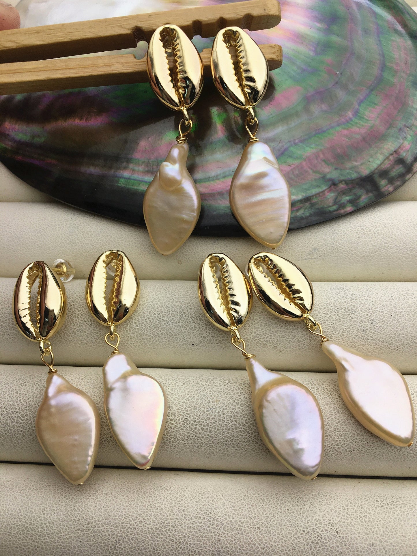 AAA big natural rainbow keshi baroque freshwater pearl gold shell stud earrings,wedding pearl earrings,SE3-131-78