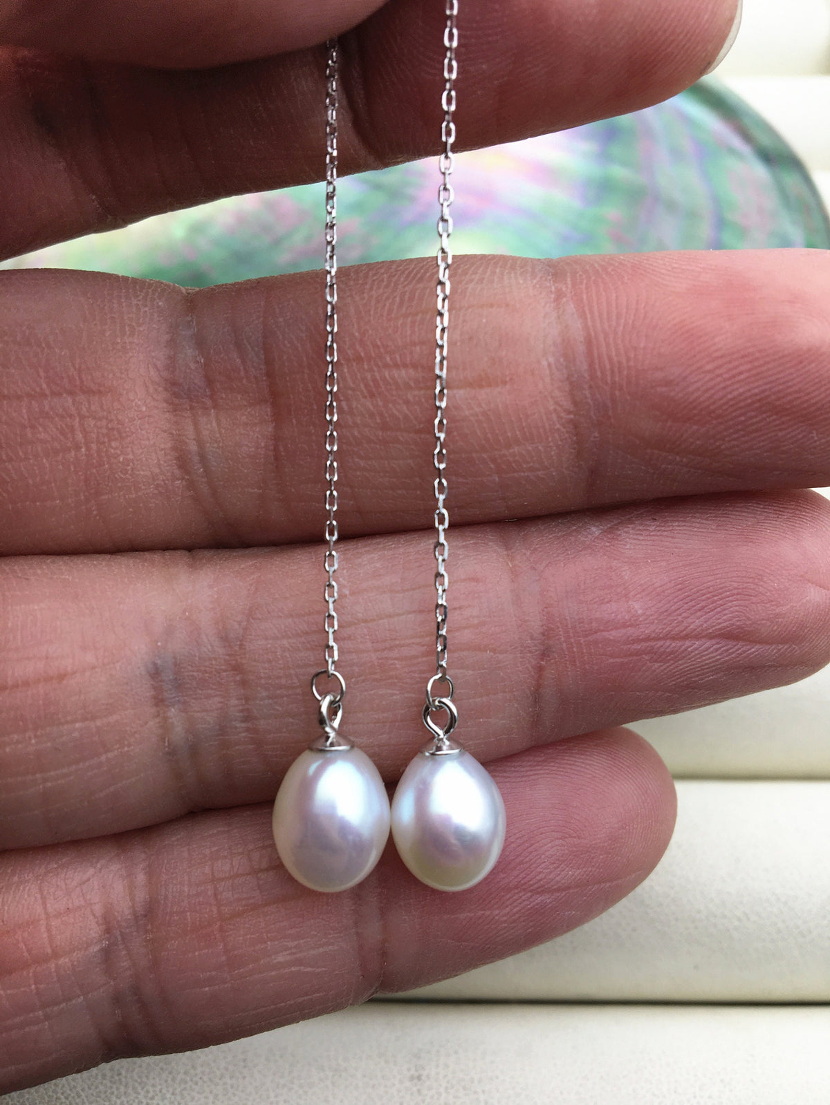 AAA White 8mm long rice pearl Tassels dangle earrings,S925 Sterling Sliver pearl earrings,pearl for women,SE3-026
