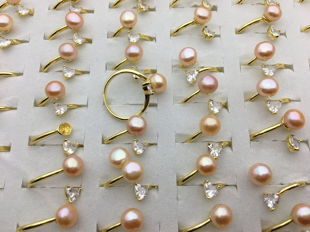 6pcs Gold Open AAA pink pearl ring,inexpensive engagement rings,fashion rings,fake diamond rings real pearls,inexpensive ring,R1-088-7