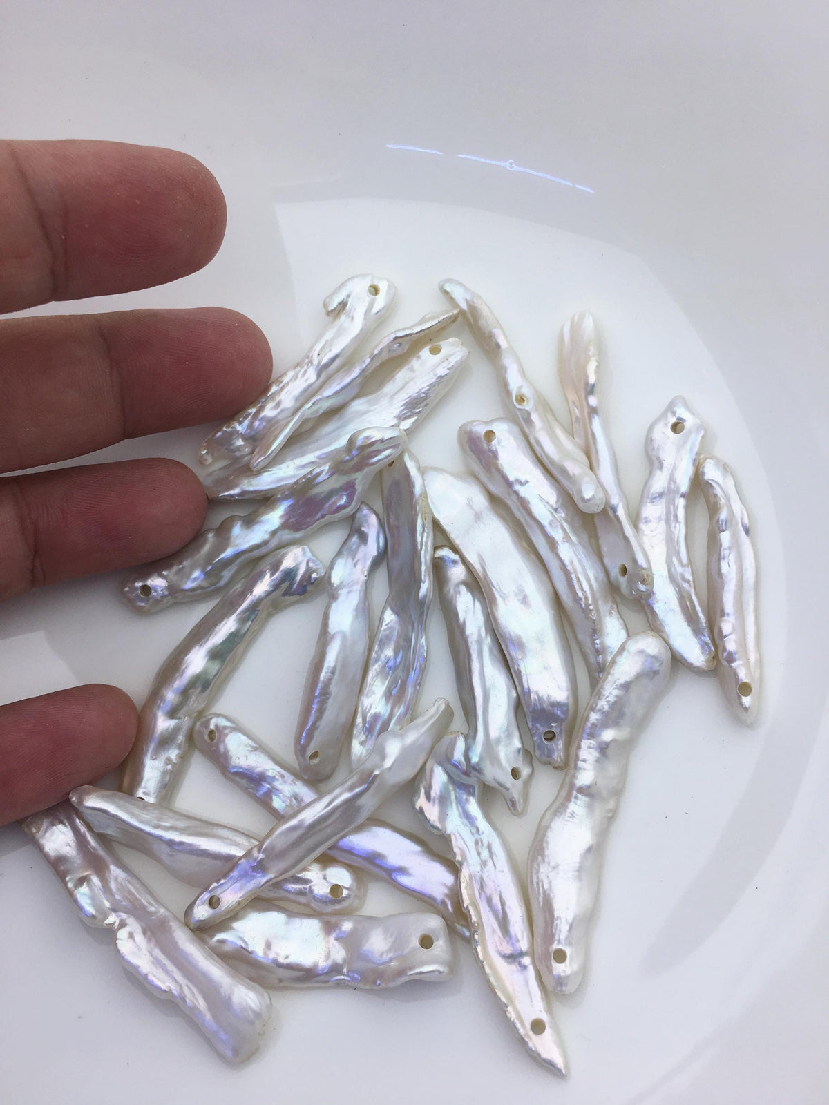 10pcs AAA/AA+ 7-11mm white long biwa keshi Freshwater Pearls, 2.2mm large hole,ZS-80-1-34