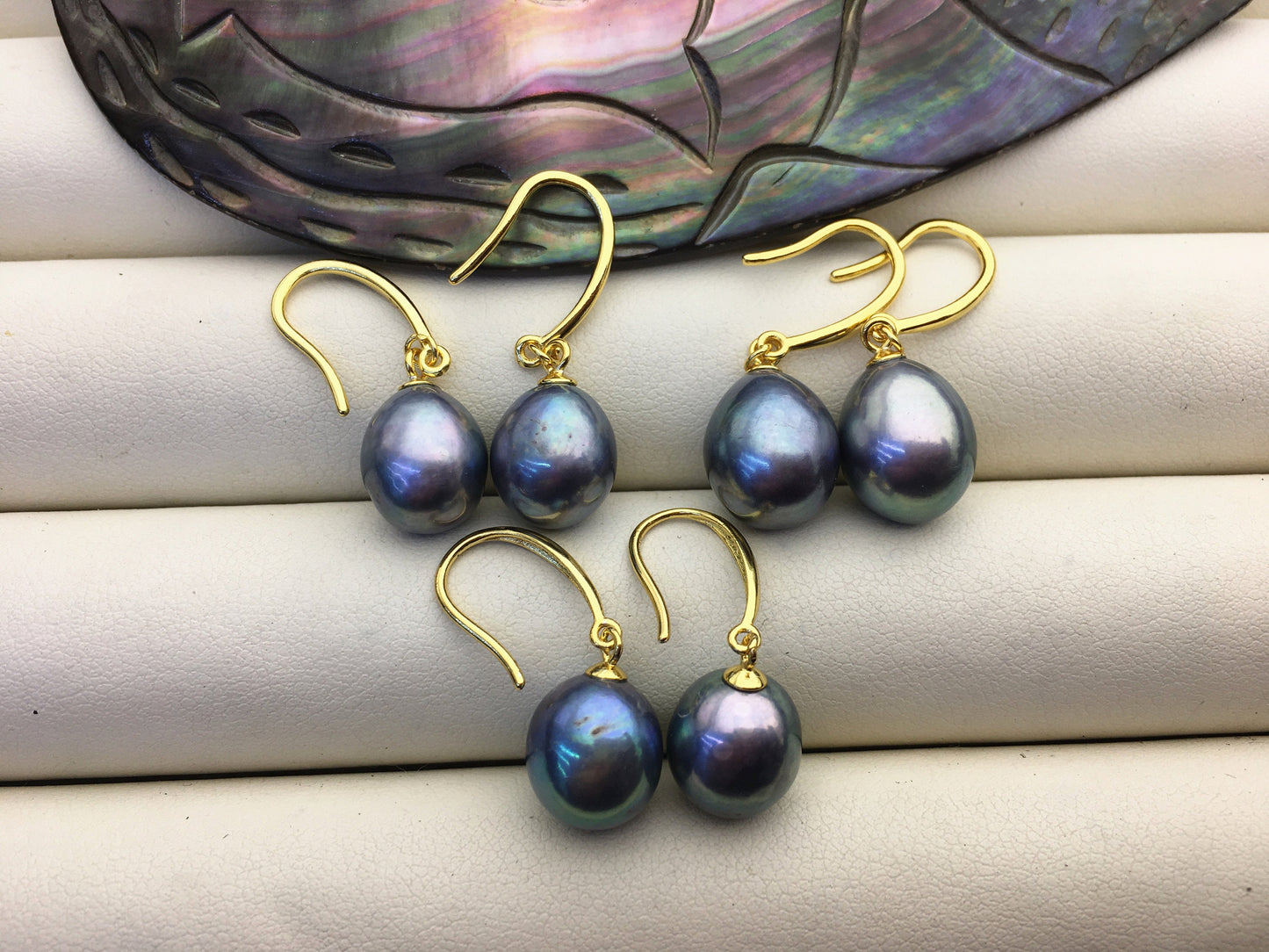 1 pair AA+ 9.5-10mm deep green blue rice pearl dangle earrings,yellow gold plated S925 Sterling Sliver pearl earrings,SE3-T45
