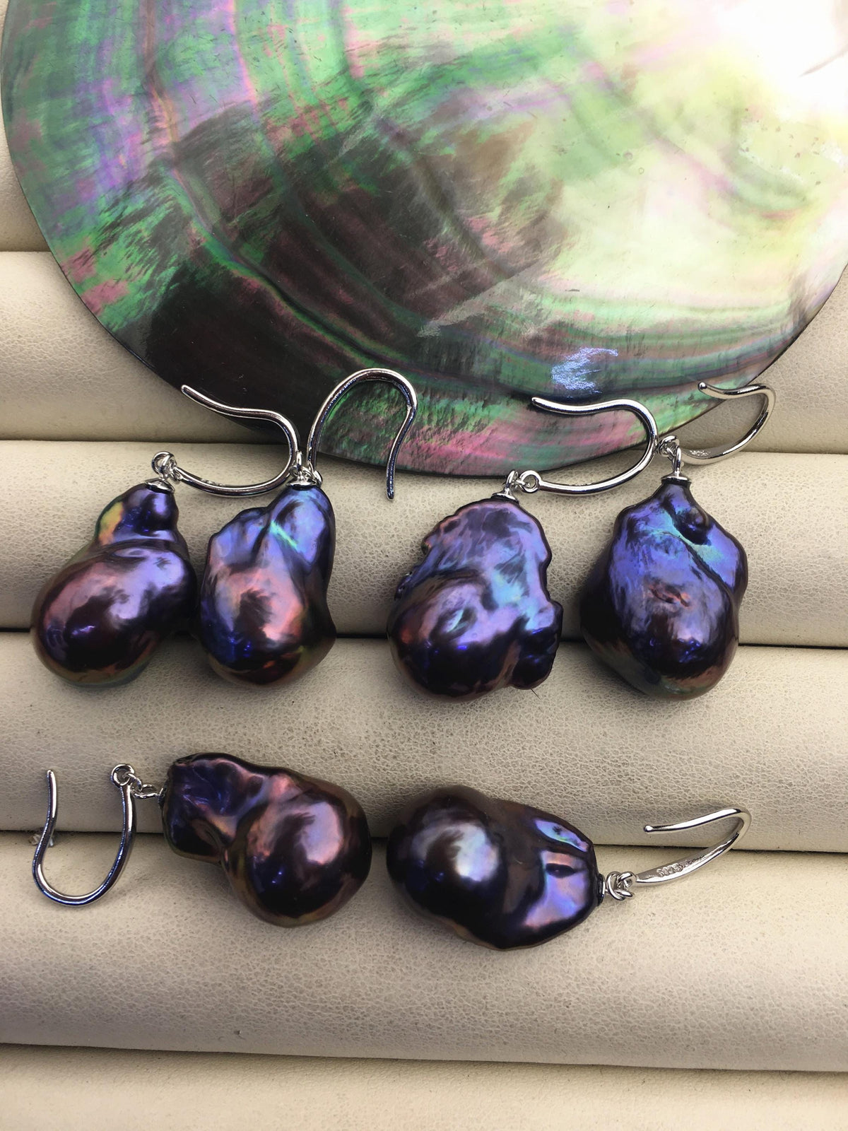 1 pair AAA 13-15mm black rainbow flame ball pearl dangle earrings,SE3-031-34
