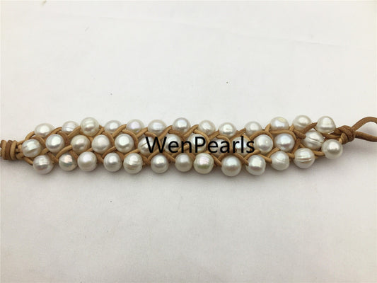 Three rows pearl bracelet,Leather Pearls Bracelet, Handmade Cuff,White Pearls on Brown Leather,Black leather bracelet,Le7-076