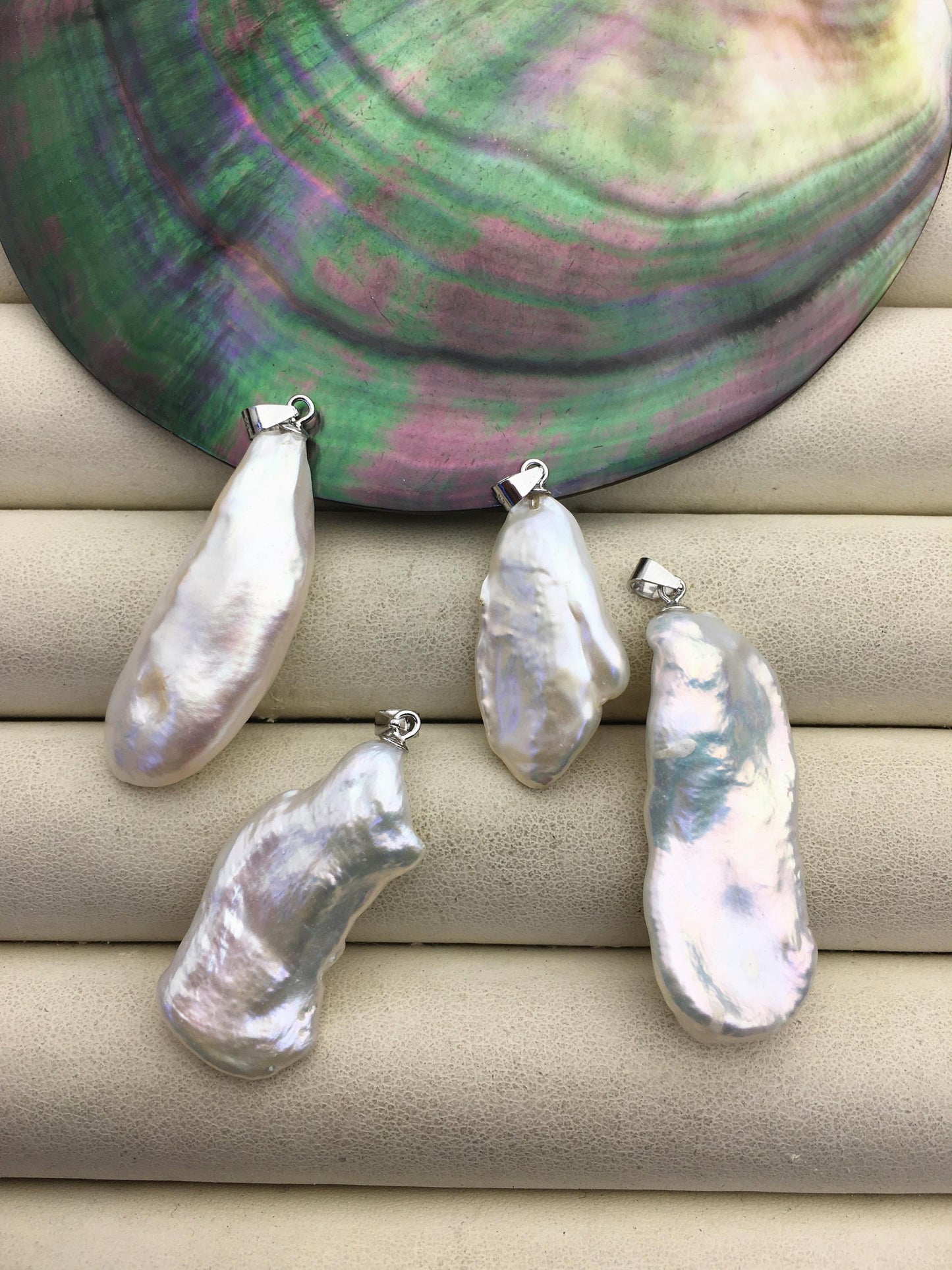2pcs AAA 13-15mm Big White Keshi Biwa Baroque freshwater pearl pendant,NC1-T36