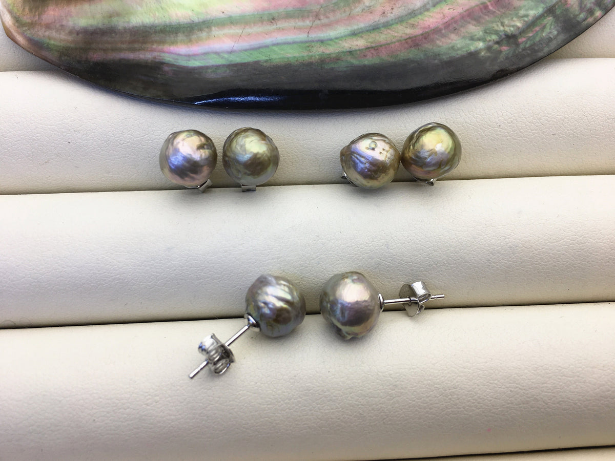 2 pairs AA+ 9-10mm gray baroque near round edison pearl stud earrings,S925 Sterling Sliver stud earrings,SE3-T68
