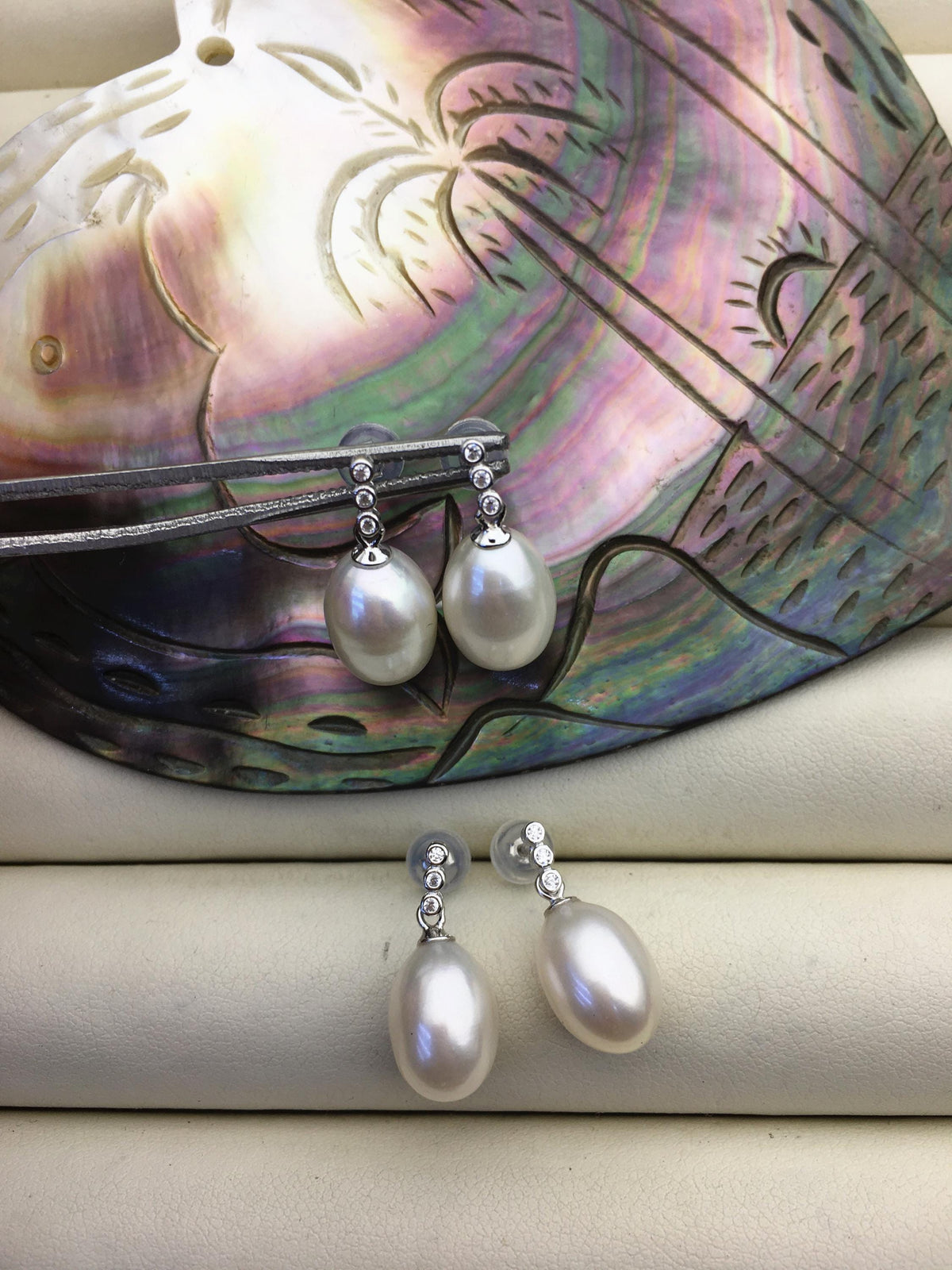 AAA 9mm White rice pearl cz stud earrings,zircon S925 Sterling Sliver pearl earrings,pearl for women for girl,SE3-065