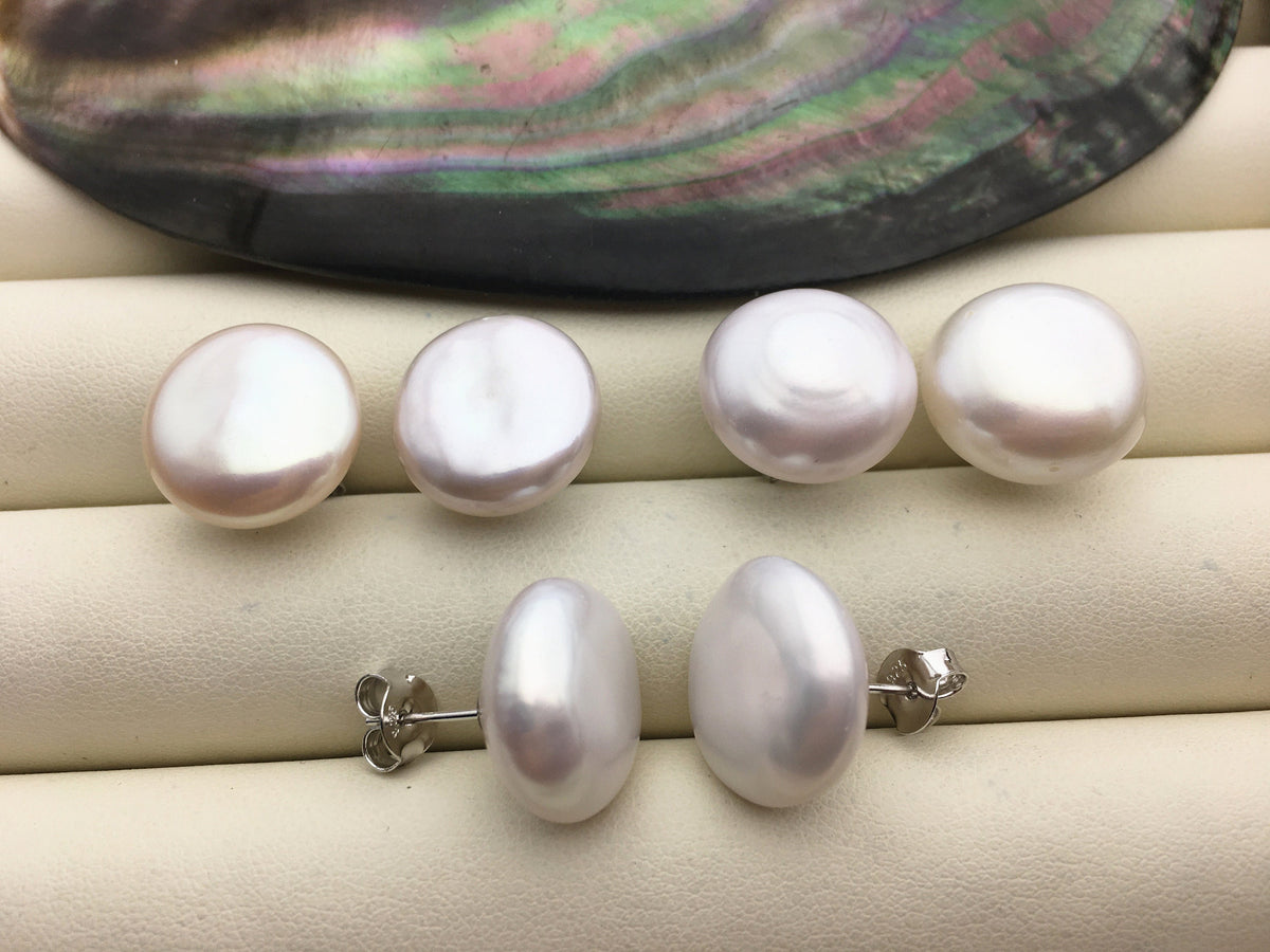 1 pair AA+ 15-16mm huge Coin Fresh Water pearl stud earrings,S925 Sterling Silver,SE3-186-3