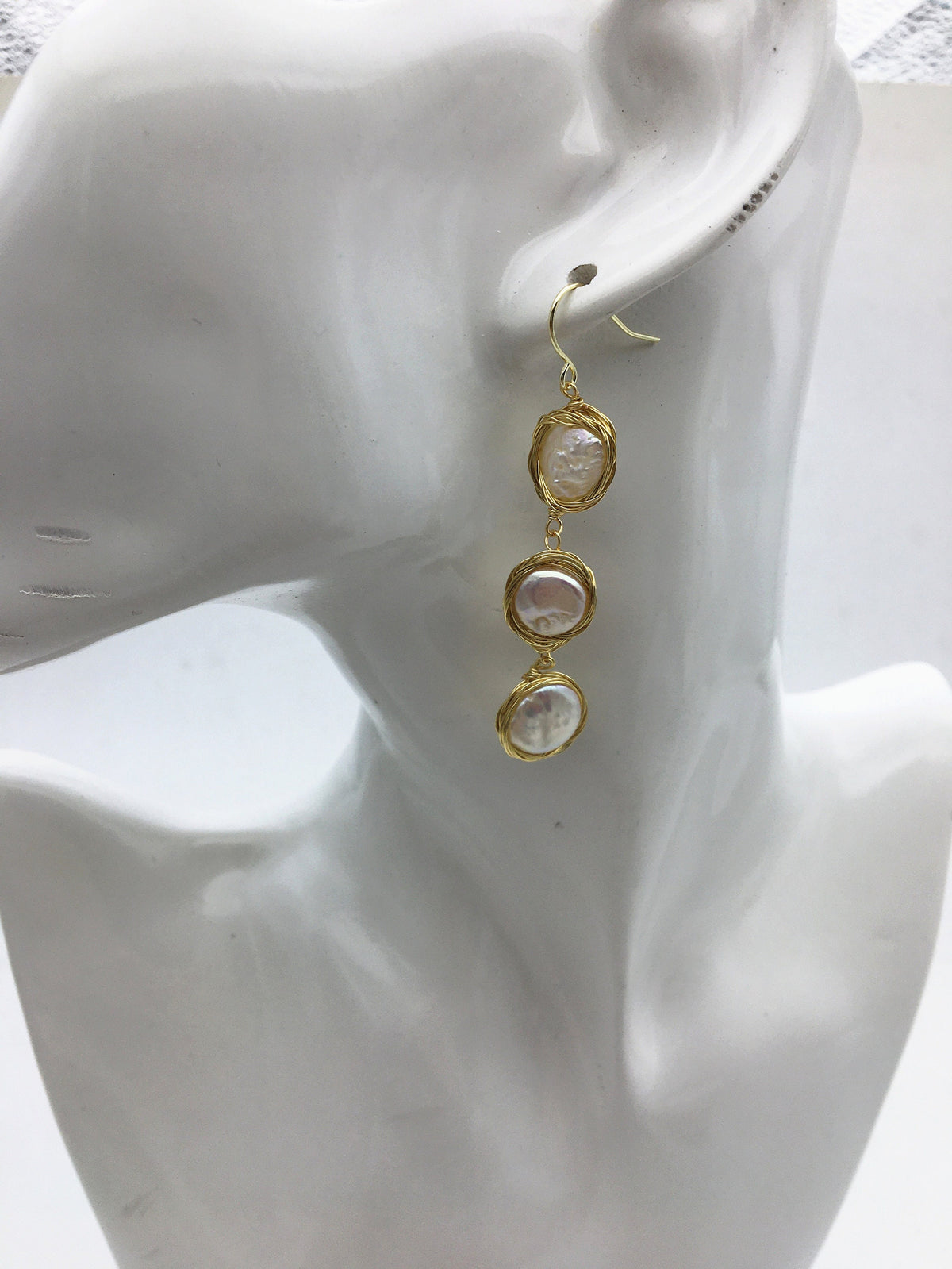 Handmade white three coin pearl dangle earrings,earring with white baroque Natural Pearl,SE3-120-7