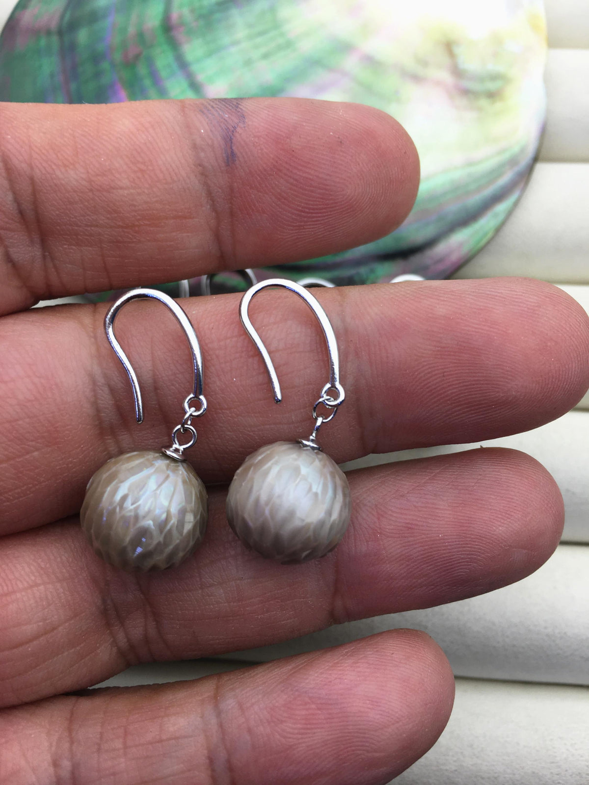 1 pair AAA 11-13mm gray handmade carved round pearl dangle earrings,S925 sterling silver earrings,SE3-T9-58