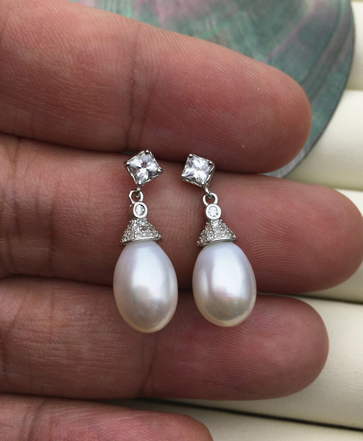 AAA 9mm White rice pearl cz stud earrings,zircon S925 Sterling Sliver pearl earrings,pearl for women for girl,SE3-046