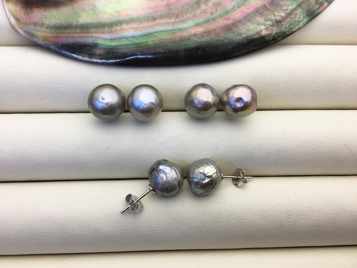 2 pairs AA+ 10-11mm gray baroque near round edison pearl stud earrings,S925 Sterling Sliver stud earrings,SE3-T61