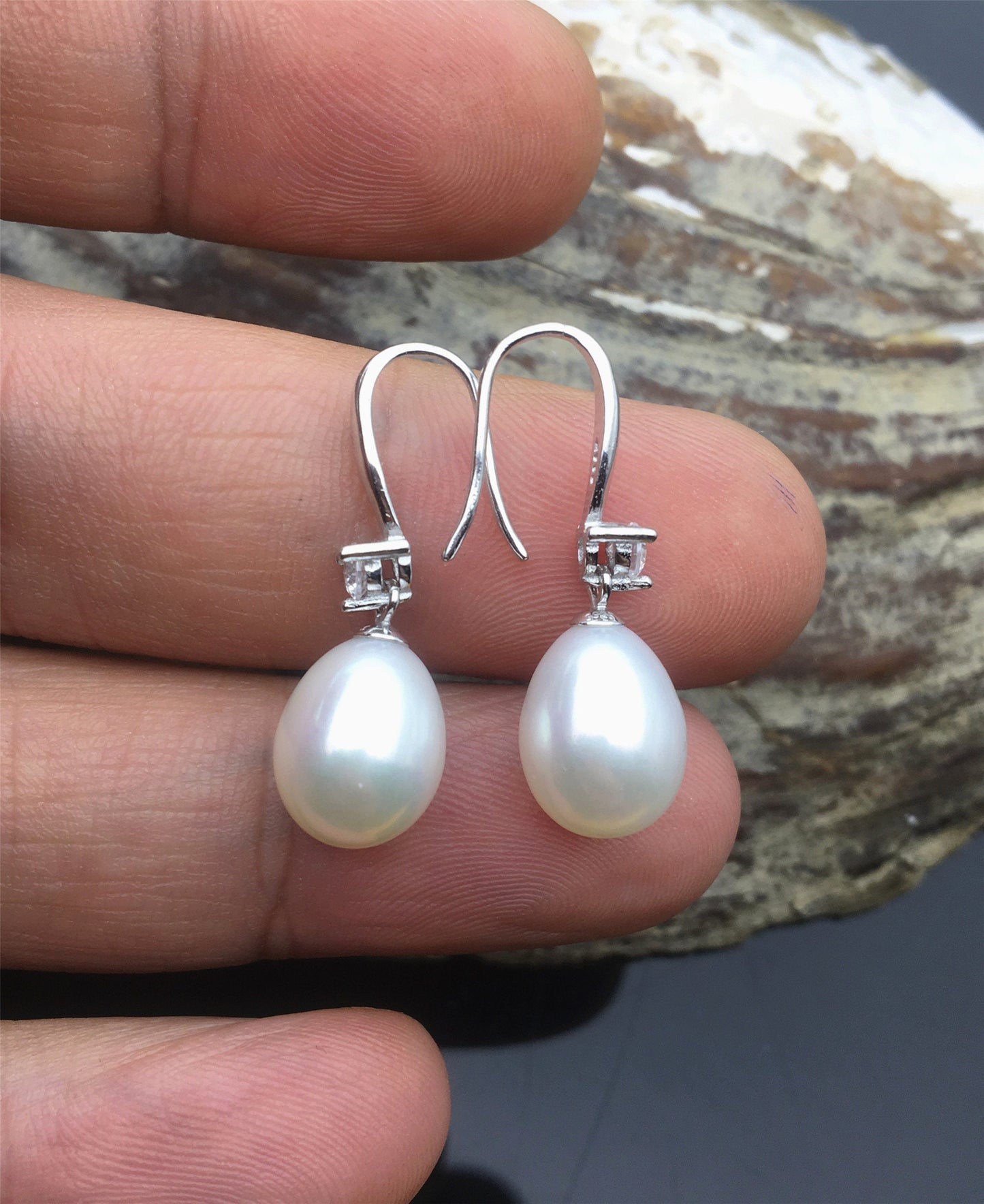AAA 9mm white oval rice pearl cz stone dangle earrings,S925 Sterling Sliver pearl earrings,pearl for women for girl,SE3-082