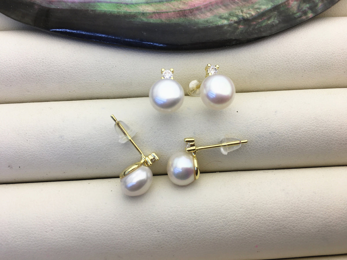 2 pairs AAA white 7.5-8mm button round pearl stud earring wedding,SE3-008-5