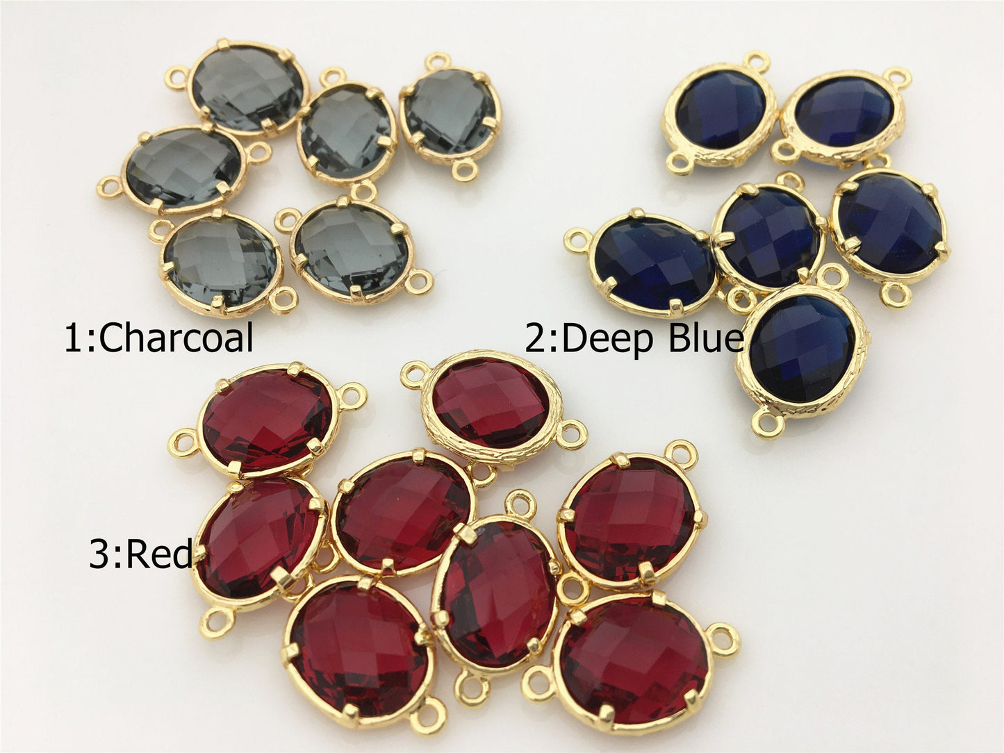 5pcs 11.5x19mm Charcoal/Blue/Red Glass Ellipse Oval faceted Connector,Brass plated 14k gold,glass connector loop gold tone,ACC-GL-006
