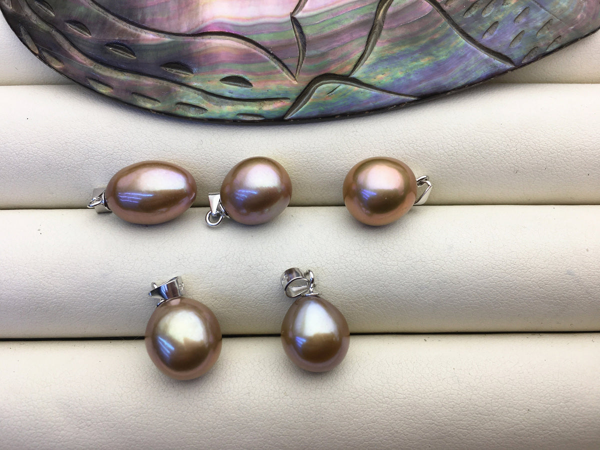 2pcs AAA 9.5-10mm brown yellow pearl pendant , Oval Rice Pearl necklace- NC1-T42