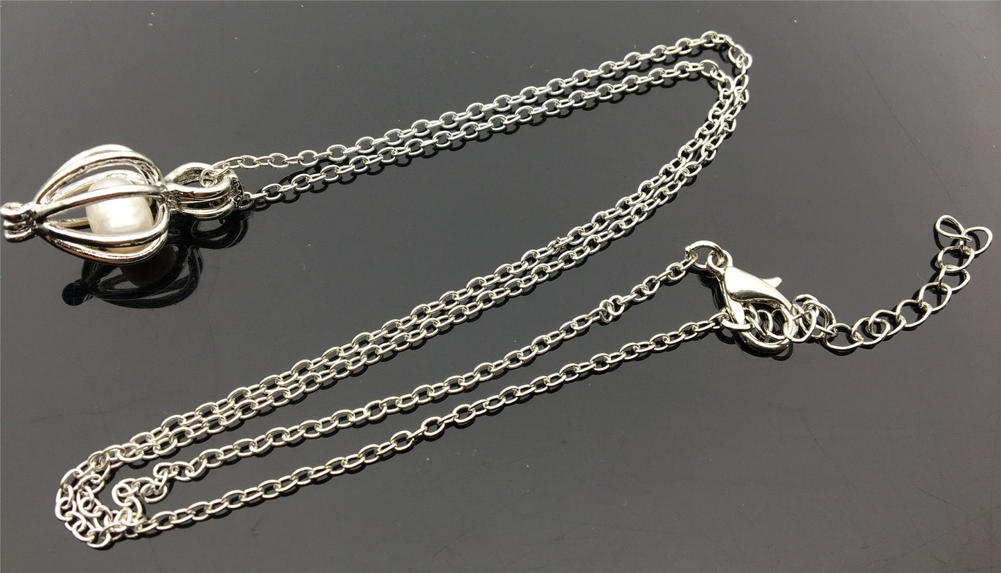 New 2PCS Cage Freshwater Pearl Pendant with Chain,Pearl Cage Pendant Necklace,Locket Cage pendants For Pearl Oysters With Pearls,AAL-001