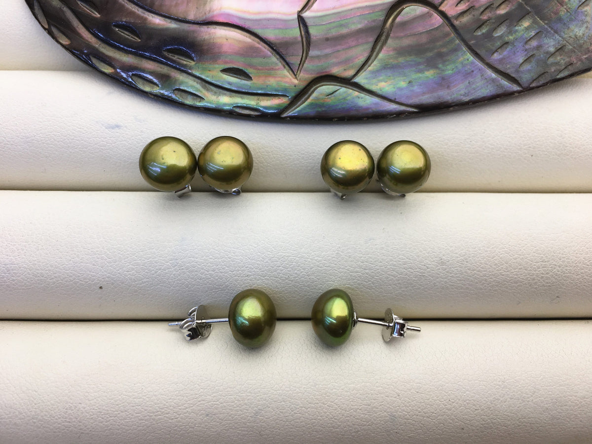 AAA 8-8.5mm green pearl stud earrings,sterling silver stud earrings,SE1-T20