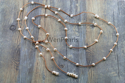 Baroque or potato near round Freshwater Pearl and Leather Necklace,long leather necklace,Select leather Color,Le3-094