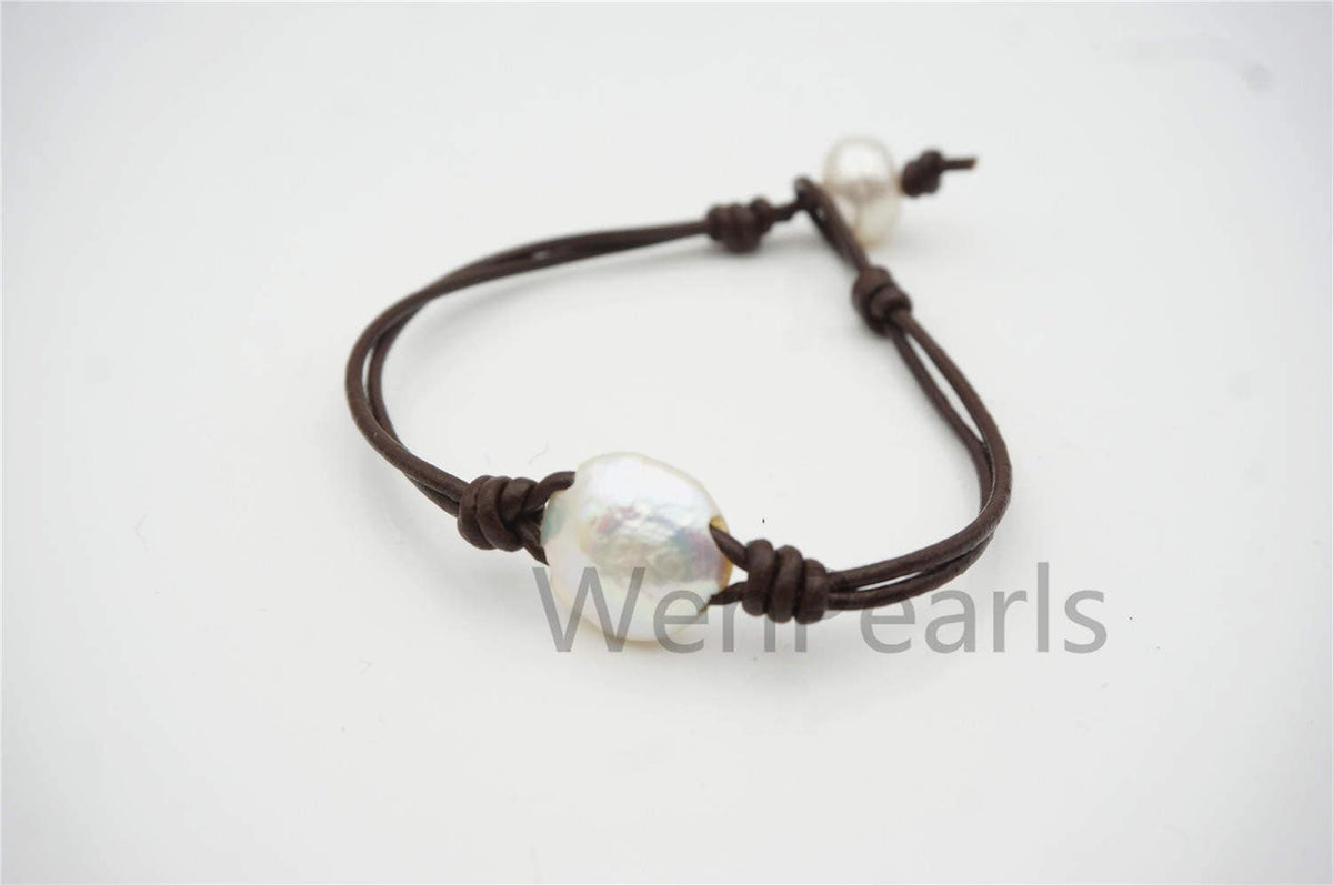 Big White Coin Pearl fashion jewelry,pearl Leather Pearls Bracelet - plait leather bracelet - Genuine freshwater pearl - Le7-136