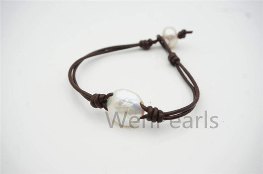 Big White Coin Pearl fashion jewelry,pearl Leather Pearls Bracelet - plait leather bracelet - Genuine freshwater pearl - Le7-136