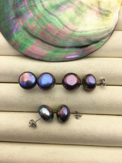 AA+ 12-13mm big black rainbow button round Pearl Stud Earrings,freshwater pearl earrings,Wedding,classic pearl studs,SE1-069-28
